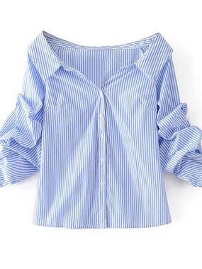 SHEIN Blue and White Stripe Off-Shoulder Button-Down Top